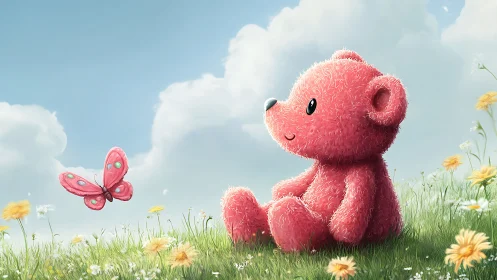 Pink plush bear observing butterfly in sunlit meadow.