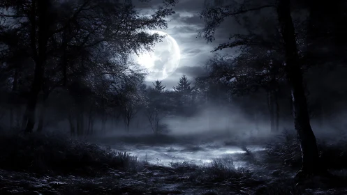 Moonlit fog over dark forest clearing at night.