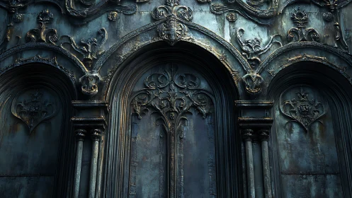 Gothic bronze doorway dreaming in oxidized twilight hush.