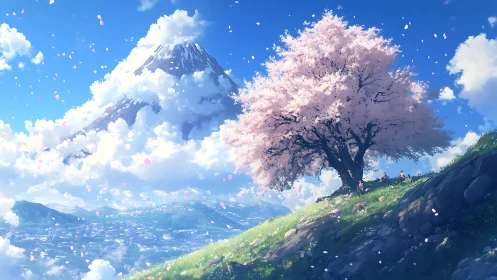 Cherry blossom tree overlooks valley beneath distant peak