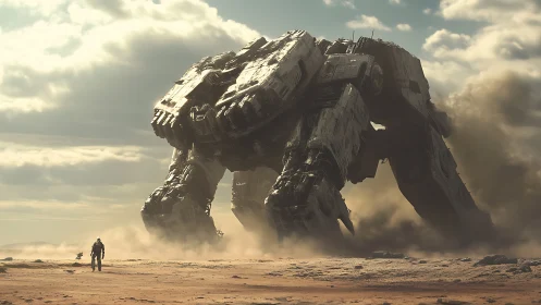 Colossal quadruped mech advancing on dusty alien plain.
