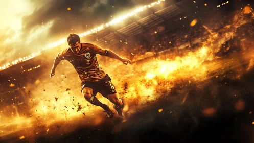 Soccer player sprints through fiery trail on dramatic field