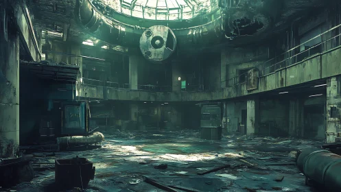 Desolate circular reactor hall under fractured skylight.