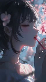 Soft spring light caresses a serene anime girl’s profile.