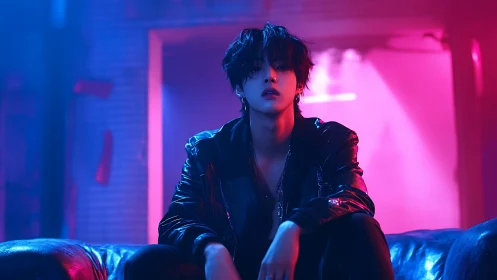 Moody neon-lit portrait captures edgy late-night attitude