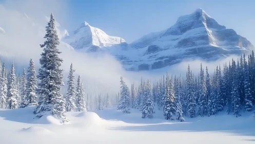 Snow-draped evergreens whisper beneath watchful winter peaks
