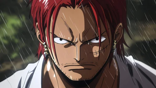 Intense red‑haired swordsman under rain, anime close portrait