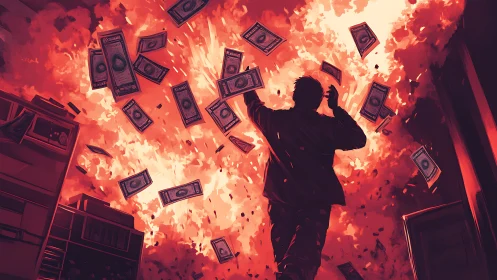 Rebel figure strides through fiery chaos and falling cash.