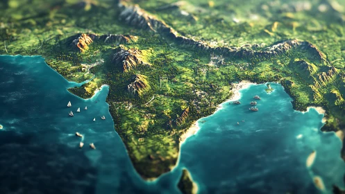 Miniature coastal world of lush mountains and quiet harbors.