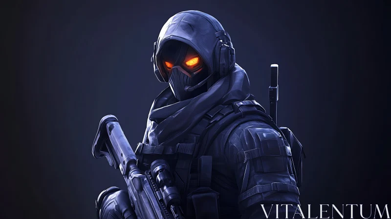 Armored stealth operative with glowing visor rendered in 3D