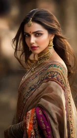 Regal portrait of woman in ornate embroidered sari dress.