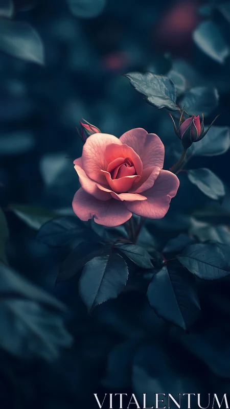 Pink Rose Blooms Against Moody Teal Garden.