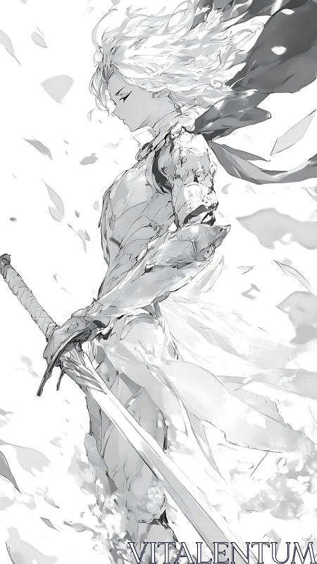 Monochrome kinetic swordsman in dissolving armor silhouette.