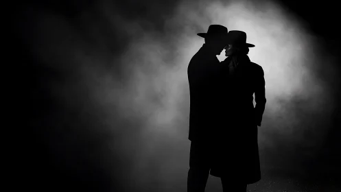 Silhouetted Figures in Film Noir Atmospheric Lighting Setup