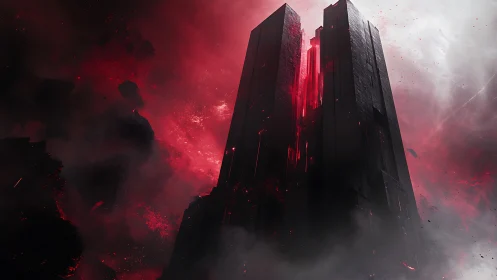 Towering obsidian monolith splits open with crimson light.