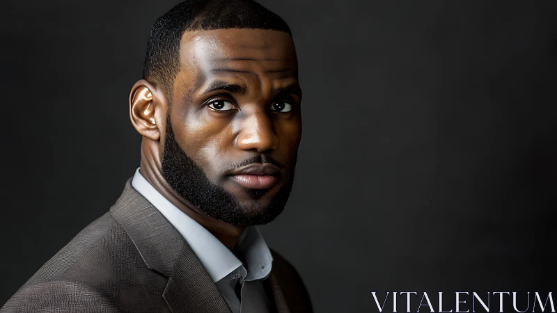 Portrait of confident man in suit against dark backdrop.