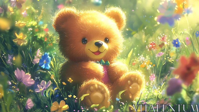 Teddy bear sits in bright flower meadow under soft sunlight