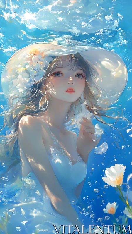 Dreamy underwater girl in white dress and wide sunhat.