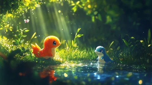 Luminous forest pond encounter with stylized elemental creatures.