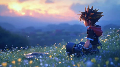 Anime-style boy seated in meadow at hazy sunset.