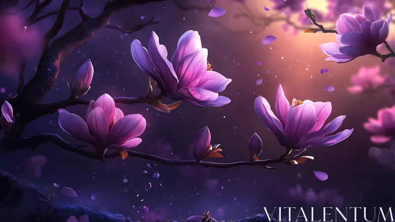 Magnolia Blossoms Floating in Twilight Garden.