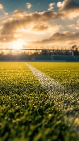 Low-angle view of sports field sideline at sunset.