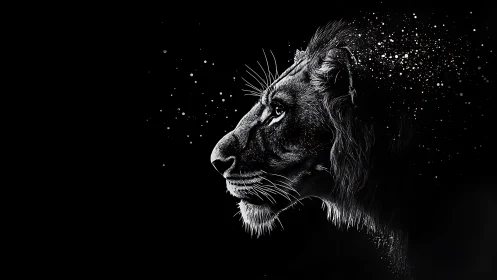 Luminous lion profile dissolves into cosmic splatter night.