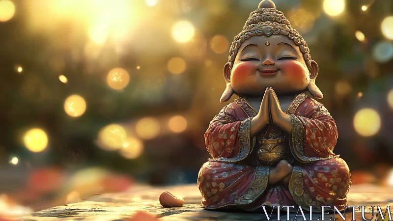 Smiling Buddha figurine glows in warm meditative sunset light