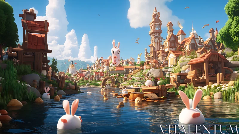 Whimsical rabbit village lines bright river under clear sky