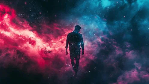 Silhouetted wanderer drifting through vivid cosmic nebulae.