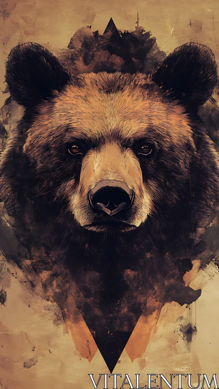 Geometric grizzly gaze crowned in ink-splashed wilderness storm.