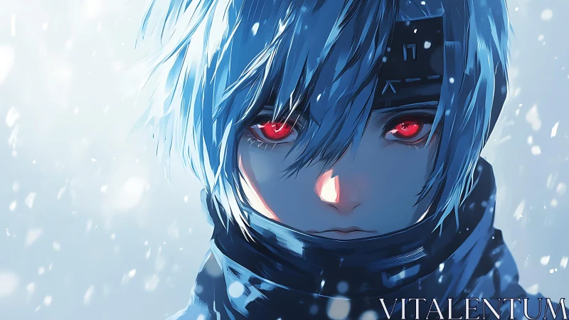 Anime portrait of red-eyed winter warrior in close-up focus.