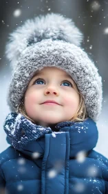 Child in Snow. Frost-covered hat, wonder-struck expression upward.