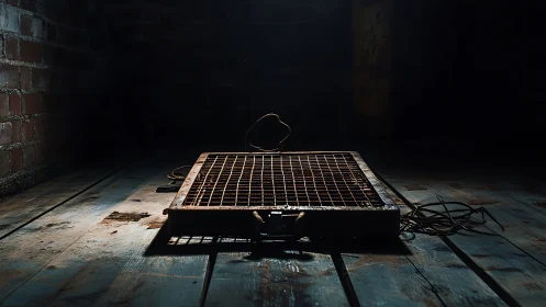 Rusty floor trap waits quietly in a forgotten brick room