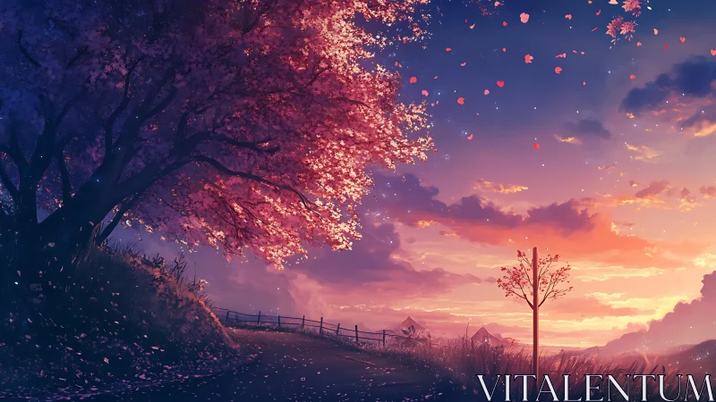 Sunset blossoms drift across a tranquil country road.