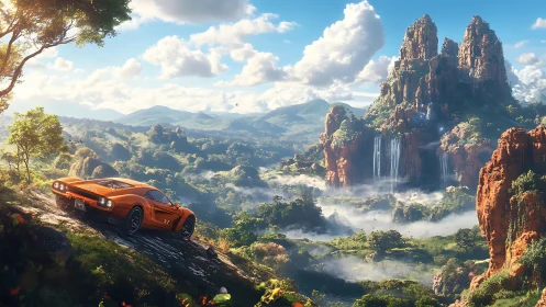 Orange sports car pausing above misty valley waterfalls.