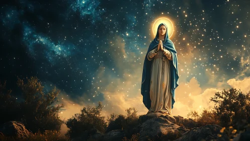 Sacred robed figure under celestial night sky glow.