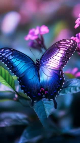 Iridescent blue butterfly rendered in high-contrast macro focus