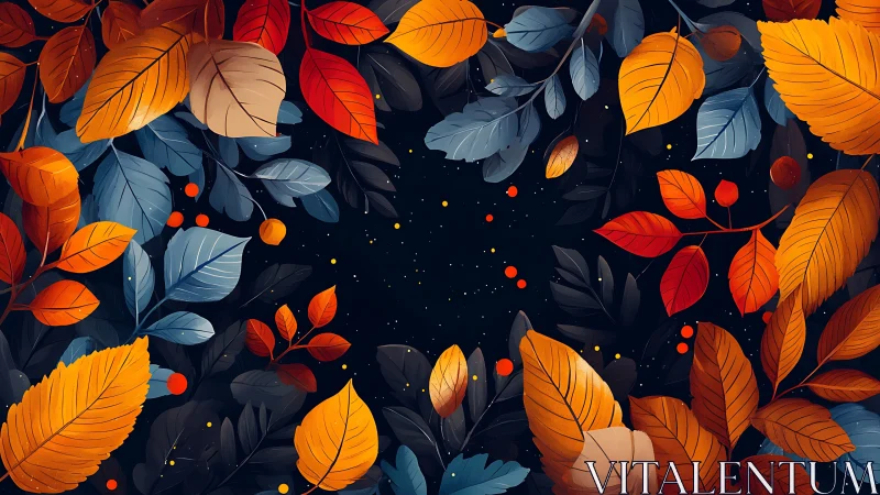 Autumn leaves frame surrounding dark starry background