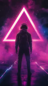 Neon-trimmed astronaut facing luminous triangular portal.