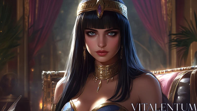 Regal dusk in a golden throne room with serene queenly gaze.