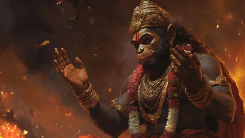 Divine simian deity rendered in dramatic fiery digital chiaroscuro