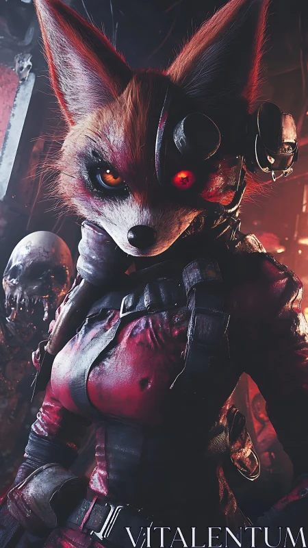 Cybernetic vulpine commando in red tactical exosuit portrait.