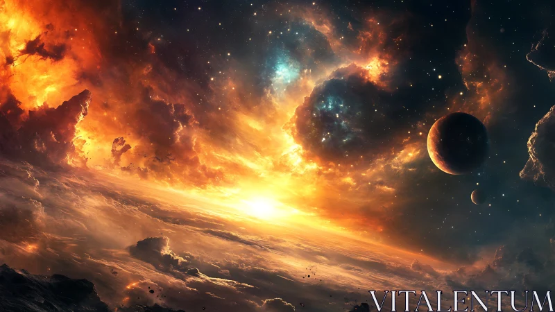 Stellar sunrise ignites stormy nebula over dreaming planet.