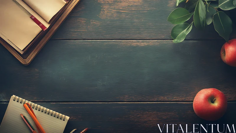 Rustic study desk with notebooks, apples and green leaves.