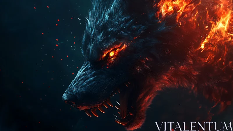 Flaming wolf head snarls in dark environment with sparks