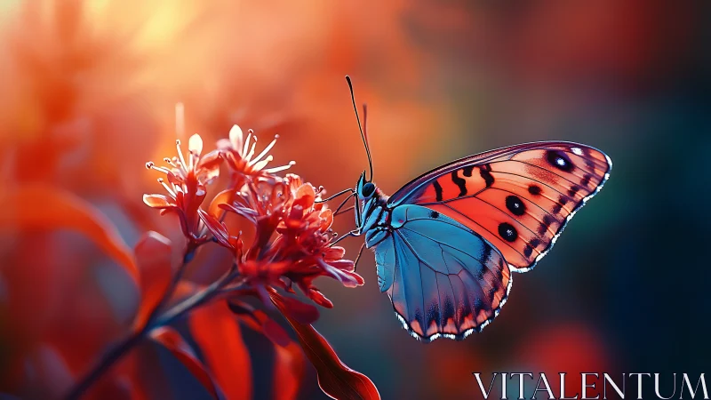 Macro view of butterfly on flower with warm bokeh background.