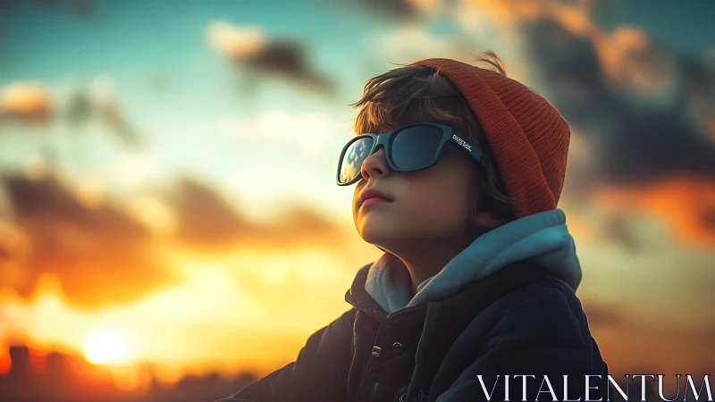 Sunlit child in sunglasses gazes toward a glowing horizon.