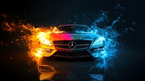 Fire and water duel across a midnight-speed luxury coupe