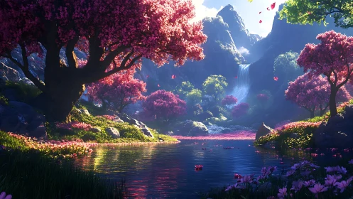 Serene cherry blossom valley with reflective lake and falls.
